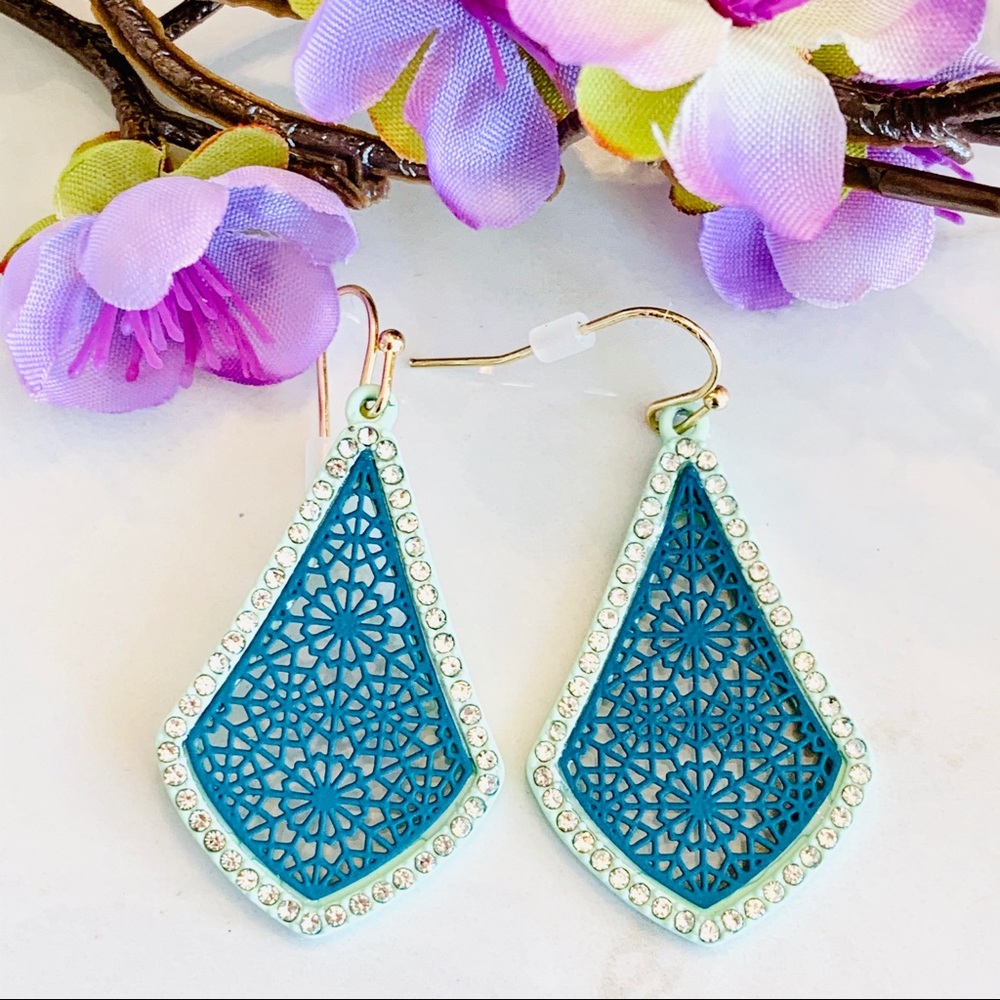Turquoise Floral Filigree Rhinestone Earrings - Picture 2 of 7